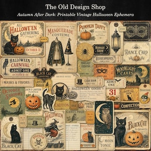 May include: A collection of vintage-style Halloween ephemera featuring black cats, jack-o'-lanterns, owls, witches, and ornate tickets. The imagery includes text such as All Hallowe'en Gathering, Masquerade Costume, and Pumpkin Taffy in sepia tones.