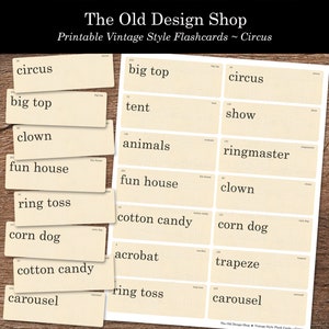Circus Flashcards imprimible Junk Journal Ephemera Retro Vintage Flashcard Clipart Circus Palabras Cardmaking Suministro Descarga digital Formato JPG