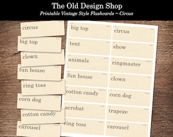 Circus Flashcards Printable Junk Journal Ephemera Retro Vintage Flashcard Clipart Circus Words Cardmaking Supply Digital Download JPG Format
