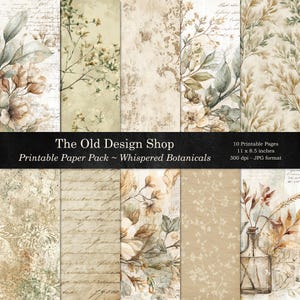 May include: A collection of ten printable paper sheets with botanical and vintage designs. The papers feature floral and leaf patterns in muted tones of beige, brown, and green. Each sheet measures 11 x 8.5 inches.