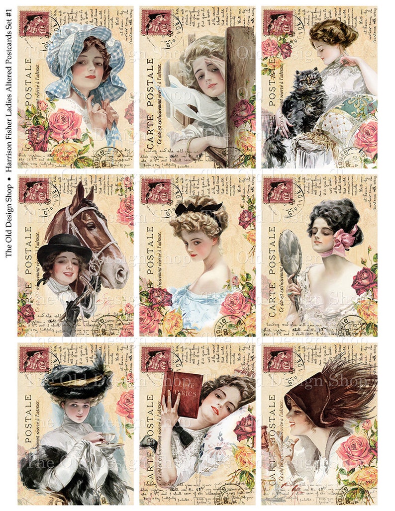 Harrison Fisher Ladies Altered ATC Size Cards Set 1 Printable Journal Cards Digital Collage Sheet image 2