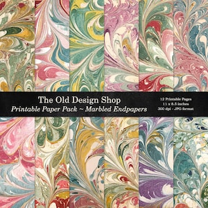 Puede incluir: Una colección de doce papeles de guarda marmolados imprimibles en varios colores, incluyendo rosa, verde y azul. El paquete de papel es de The Old Design Shop y mide 27,9 x 21,6 cm. La imagen también incluye el texto "Printable Paper Pack ~ Marbled Endpapers."