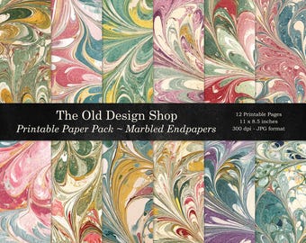 Marbled Endpapers Vintage Inspired Endpaper Paper Pack 12 Printable Marble Pages Junk Journal Signatures