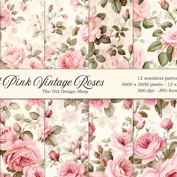 Soft Pink Roses Seamless Pattern Rose Background Digital Paper Vintage Inspired Floral Paper Pack Commercial Use