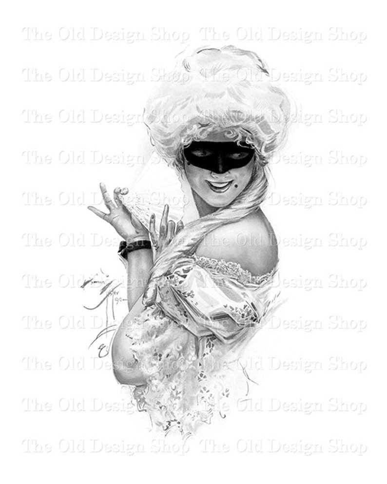 Harrison Fisher Victorian Lady in Mask Vintage Printable Art Commercial Use Digital Download JPG Image image 1