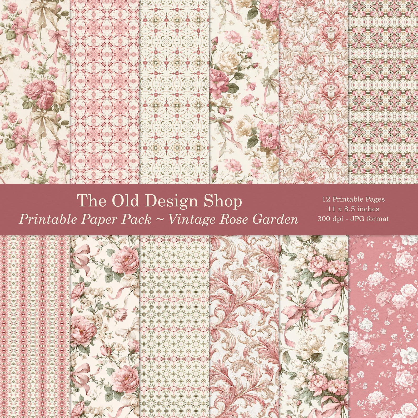 Vintage Rose Garden Digital Paper Pack Printable Romantic Pink Cottage ...