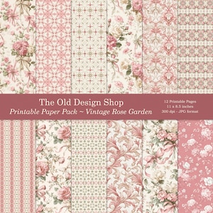 K&ouml;nnte beinhalten: Eine Sammlung bedruckbarer Papierb&ouml;gen mit Vintage-Rosenmustern in Rosa-, Creme- und Gr&uuml;nt&ouml;nen. Die Designs umfassen Blumenarrangements, Schleifen und geometrische Formen. Der Text auf dem Bild lautet "The Old Design Shop Printable Paper Pack ~ Vintage Rose Garden". Jedes Blatt ist 27,9 x 21,6 cm gro&szlig;.