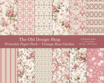 Vintage Rose Garden Digital Paper Pack Printable Romantic Pink Cottage Rose Floral Patterns Junk Journal Signatures Cardmaking Supply JPG