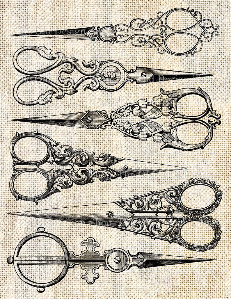 Antique Scissors Clip Art Vintage Sewing Scissors Illustration Digital Stamp Transfer Image image 2