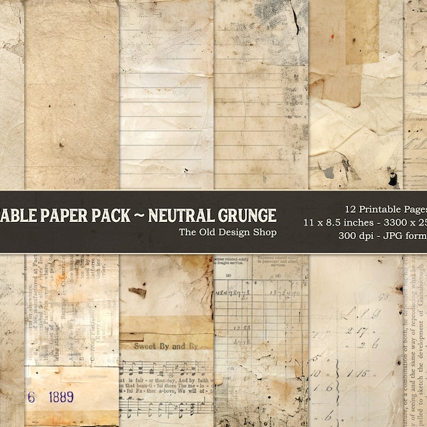 Neutral Grunge Printable Junk Journal Paper Pack Shabby Papers for Junk Journals Cardmaking Supply Landscape Format Digital Download JPG