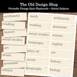 Schoolvakken Flashcards Afdrukbaar Junk Journal Neutral Ephemera Cardmaking Supply Retro Flash Cards School Woorden Digitale Download JPG