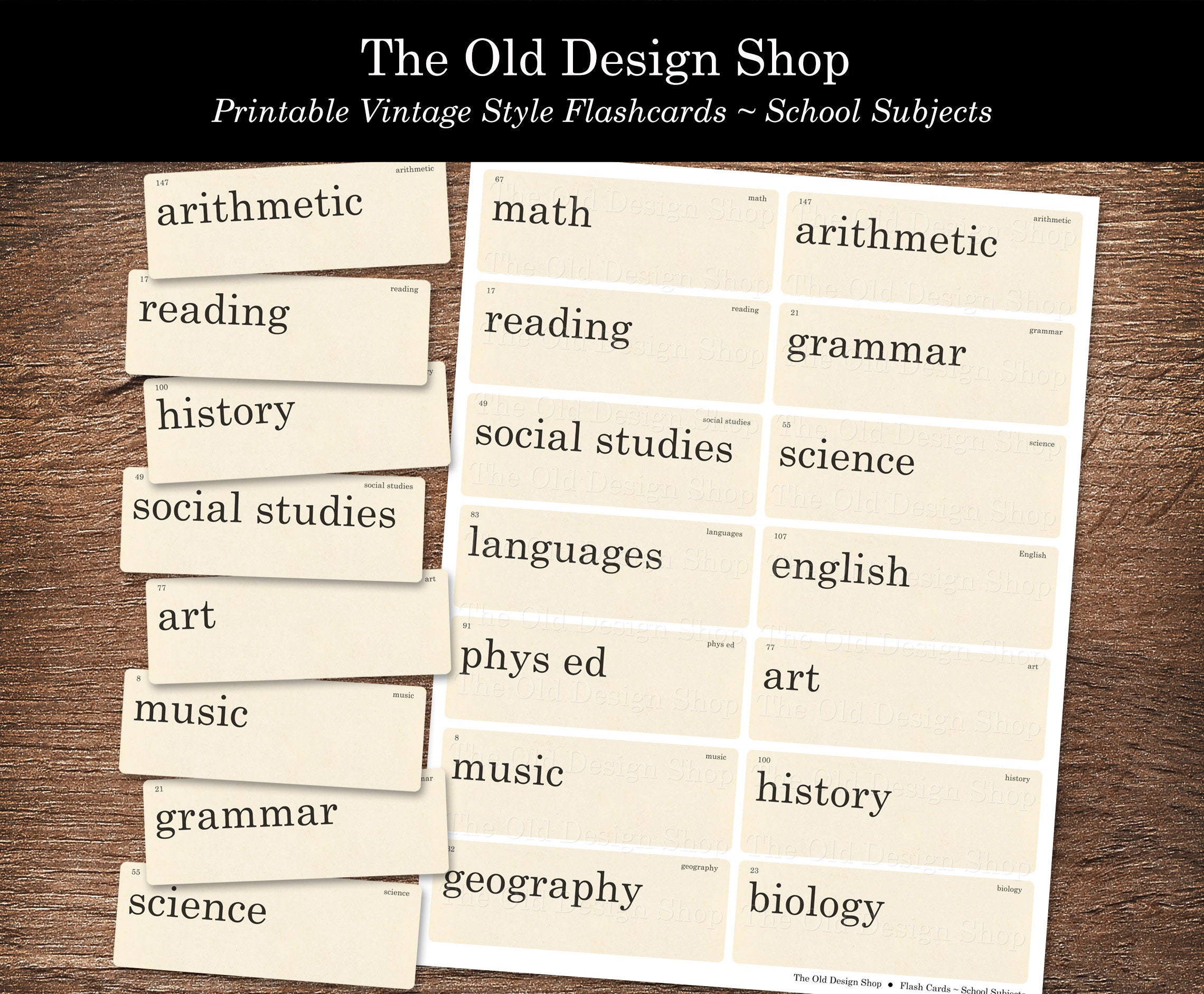 School Subjects Flashcards Printable Junk Journal Neutral Ephemera Cardmaking Supply Retro Flash Cards School Words Digital Download JPG