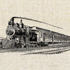 May include: A black and white illustration of a vintage steam locomotive train with the words "Rocky Mountain Limited" on the side of the train cars.
