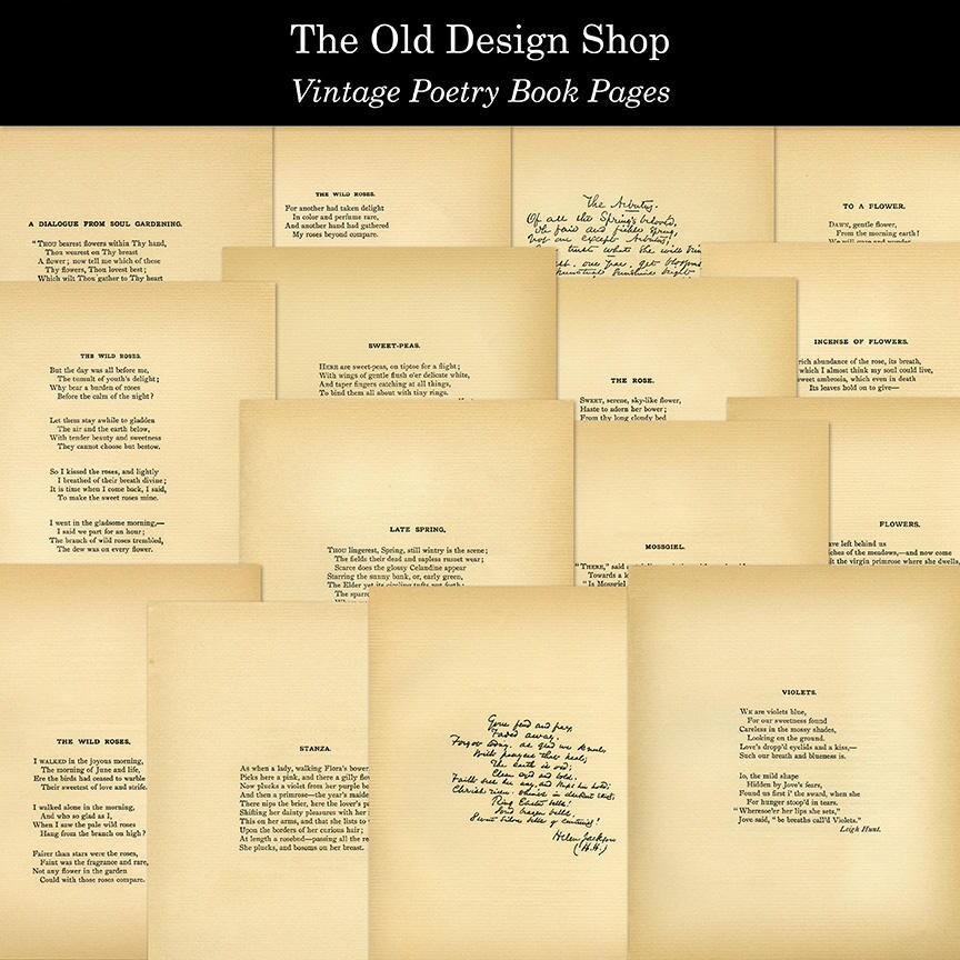 Vintage Flower Poems Yellow Aged Printable Book Pages Digital Downloa…
