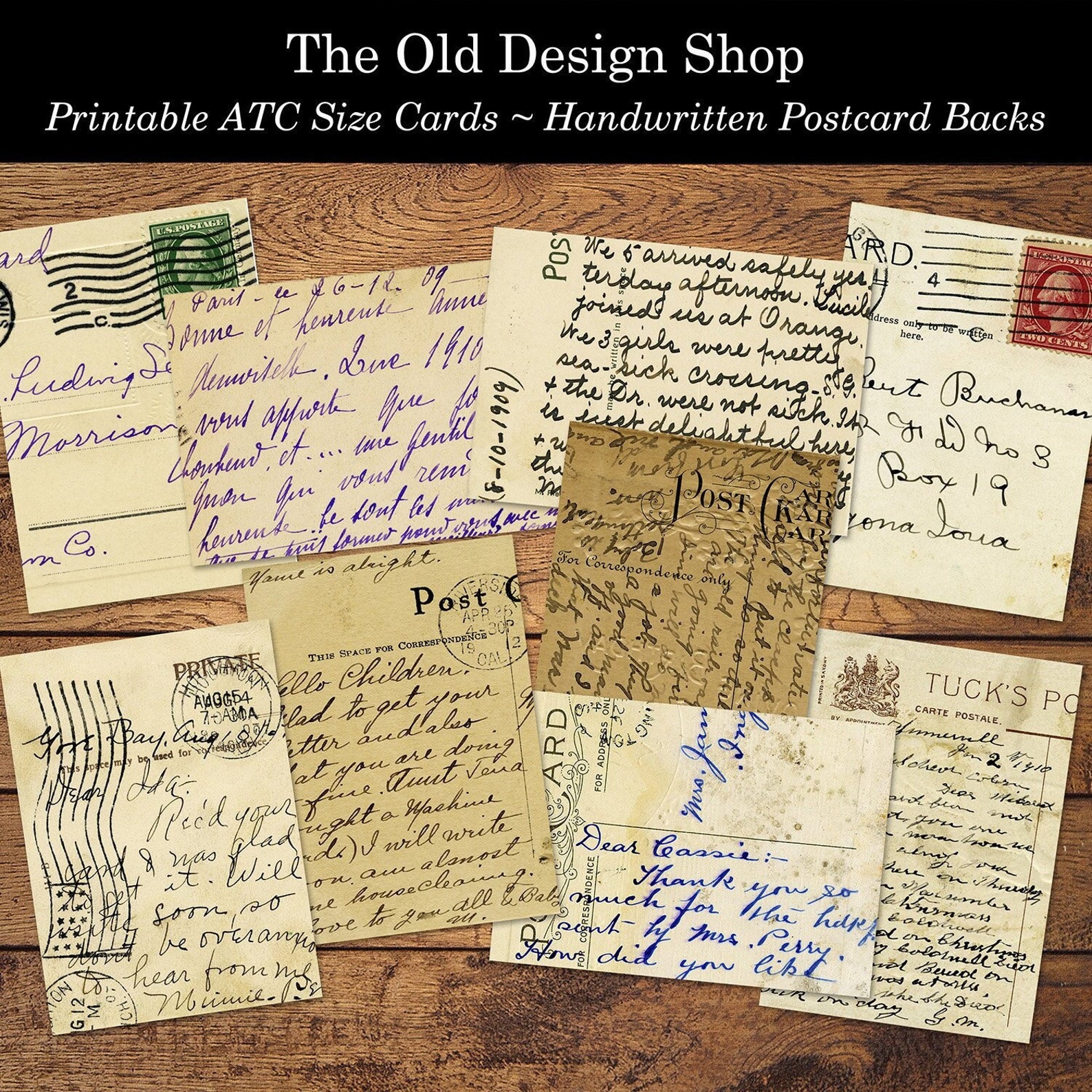 Postcard Back Notes Vintage Postcard Backs Printable Handwritten Ephemera ATC Journal Cards ...