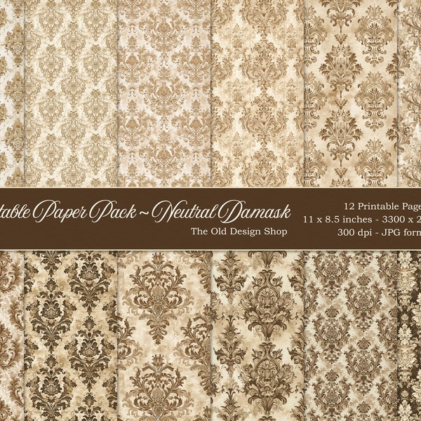 Neutral Damask Printable Junk Journal Paper Pack Ornamental Papers for Junk Journals Cardmaking Supply Landscape Format Digital Download JPG