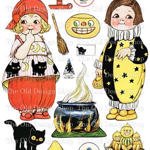 May include: A vintage Halloween paper doll set featuring two children dressed in costumes. The girl is wearing a red and white striped dress with black cats and a red hat. The boy is wearing a yellow and black star-patterned costume with a white collar. The set includes accessories like a cauldron, a broom, a pumpkin, and a black cat.