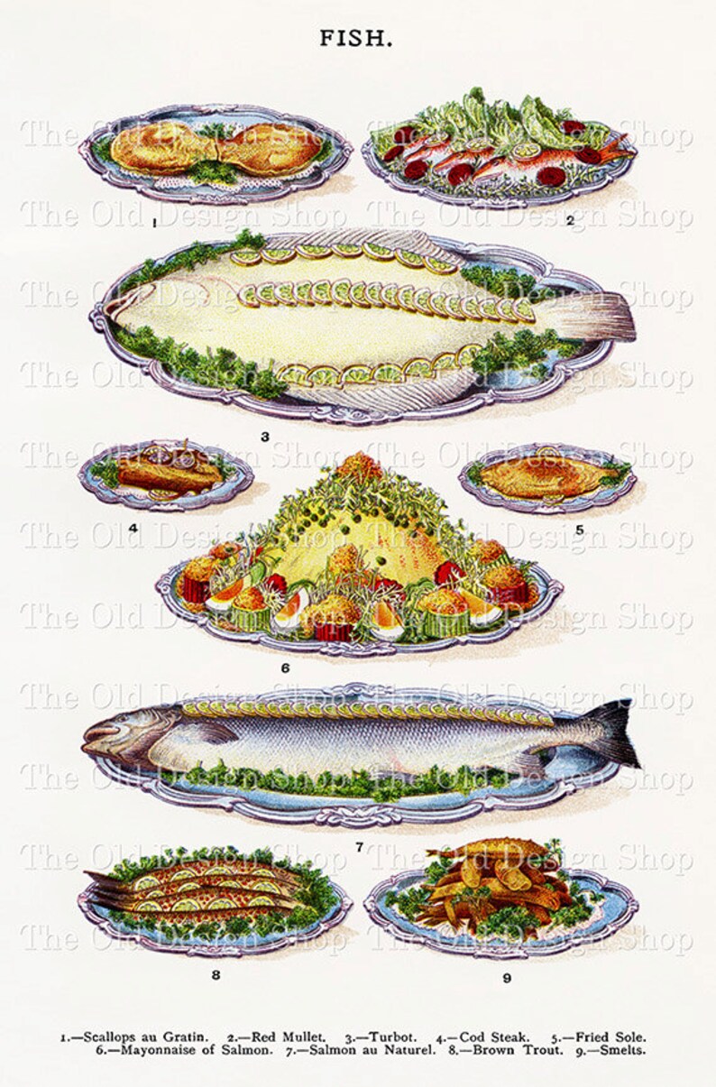 Vintage Food Clip Art Cooked Fish Dishes No. 2 Printable Art | Etsy