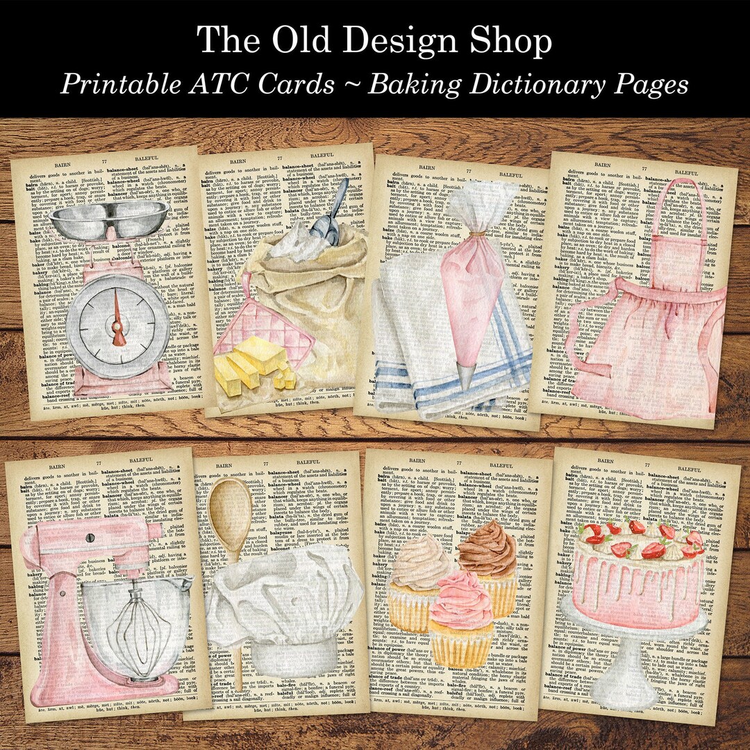 Printable Baking Bakery Vintage Dictionary ATC Size Cards 2.5 X 3.5