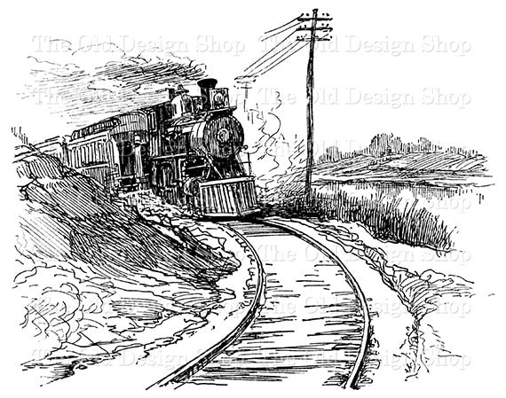 Vintage Train on Tracks Clip Art Illustration Digital Stamp | Etsy