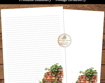 Vintage Strawberry Writing Paper Printable Garden Stationery Brick Wall Lined Unlined PDF