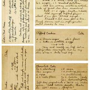 May include: Four vintage recipe cards with handwritten instructions for making butter cookies, date nut kisses, cinnamon rocks, Clifford cookies, and chocolate cake. The cards are yellowed with age and have a rustic, vintage aesthetic.