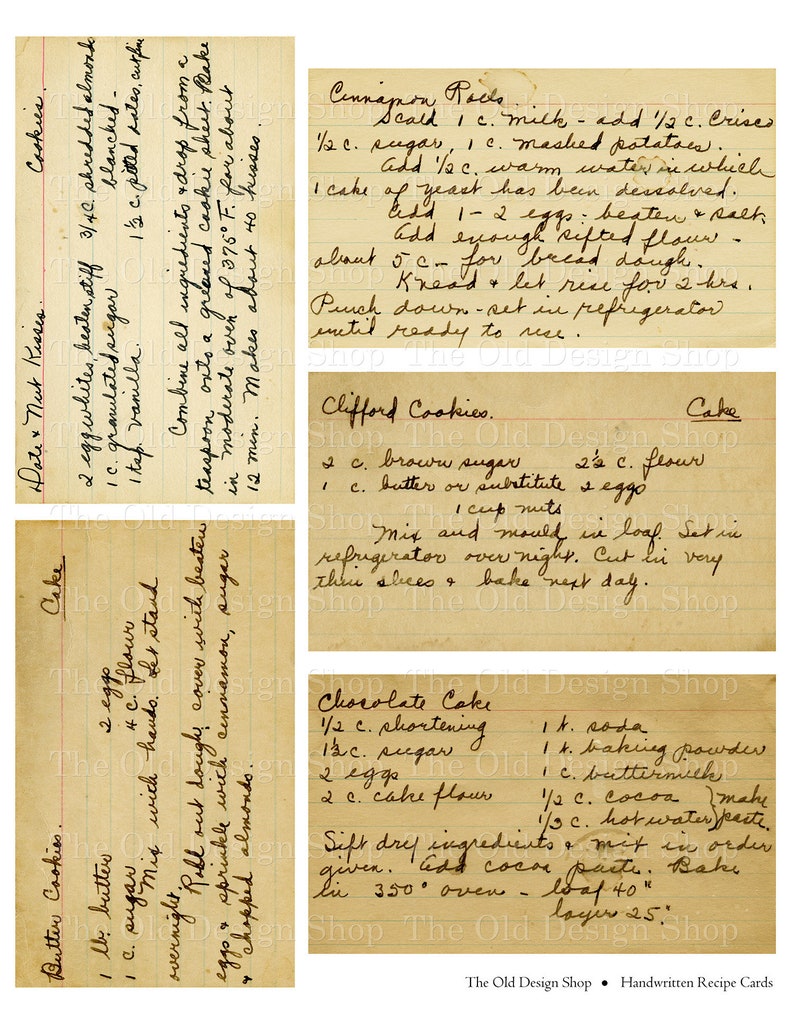 May include: Four vintage recipe cards with handwritten instructions for making butter cookies, date nut kisses, cinnamon rocks, Clifford cookies, and chocolate cake. The cards are yellowed with age and have a rustic, vintage aesthetic.