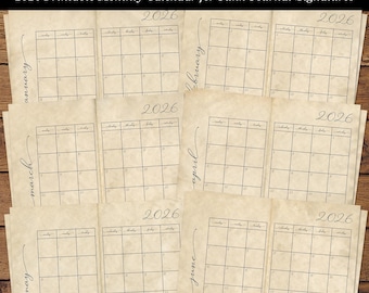 Printable 2026 Monthly Calendar Coffee Dyed plus Black and White Junk Journal Planner Signature Pages Digital Download JPG Landscape Format