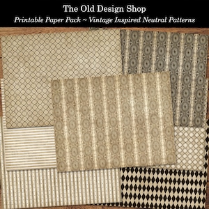 May include: A set of eight printable digital papers featuring vintage inspired neutral patterns. The patterns include geometric shapes, stripes, and floral designs in black, white, and brown.