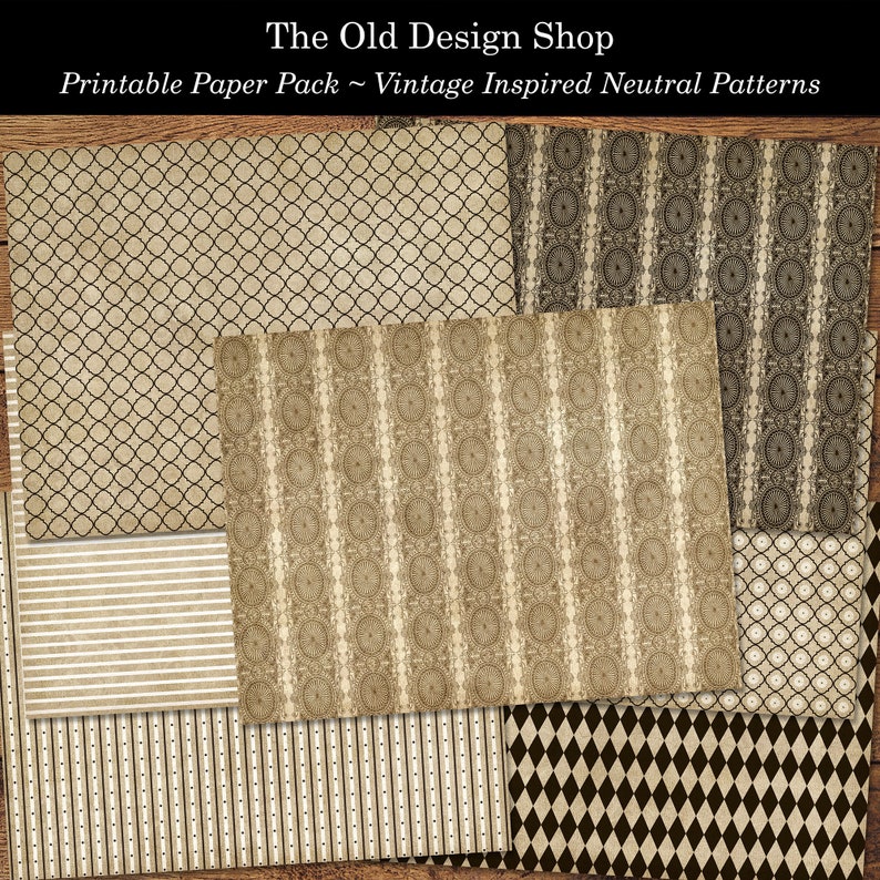 May include: A set of eight printable digital papers featuring vintage inspired neutral patterns. The patterns include geometric shapes, stripes, and floral designs in black, white, and brown.