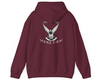 Isaiah 6:8 Dove Hoodie | Here Am I Send Me Pullover | Christian Missionary Hoodie | Mens Scripture Apparel | Ministry Gift | Christian Dad