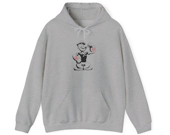 Popeye Sailor Strength Hoodie | Vintage Cartoon Strongman Pullover | Mens Retro Tattoo Flash Streetwear | Gift for Him