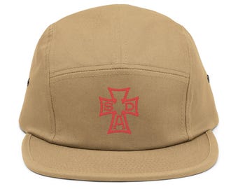 SDA Cross embroidery 5 Panel Cap | tan adjustable hat