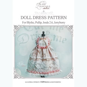 Puede incluir: Un patrón de vestido de muñeca para muñecas Blythe, Pullip, Imda 2.6 y Jerryberry. El patrón presenta un vestido rosa y blanco con ribete de encaje y un lazo.