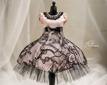 VAMPIRE MASQUERADE BALL Blythe/Pullip Deluxe Silk Pink Black Dress By Odd Princess