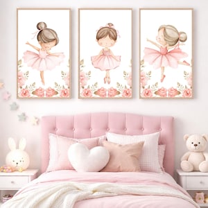 Ballerina Nursery Wall Art, Set of 3 Watercolor Ballet Prints, Little Girl Room Decor, Pink Floral Dance Posters, Instant Digital Download