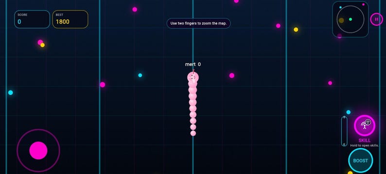 K&ouml;nnte beinhalten: Mobile Spieloberfl&auml;che mit dunkelblauem Hintergrund und Rastermuster. Ein rosa schlangenartiger Charakter befindet sich in der Mitte. Das Spiel zeigt einen Punktestand von 0 und einen Highscore von 1800 an. Verschiedene farbige Punkte und Steuertasten sind sichtbar.