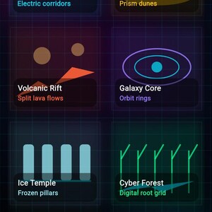 K&ouml;nnte beinhalten: Ein Bildschirm zur Kartenauswahl f&uuml;r ein Handyspiel mit dunklem Hintergrund und Neon-Grafiken. Optionen sind "Neon City Maze", "Crystal Desert", "Volcanic Rift", "Galaxy Core", "Ice Temple", "Cyber Forest", "Poison Swamp" und "Storm Island".