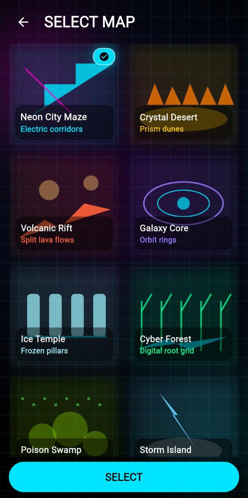 K&ouml;nnte beinhalten: Ein Bildschirm zur Kartenauswahl f&uuml;r ein Handyspiel mit dunklem Hintergrund und Neon-Grafiken. Optionen sind "Neon City Maze", "Crystal Desert", "Volcanic Rift", "Galaxy Core", "Ice Temple", "Cyber Forest", "Poison Swamp" und "Storm Island".