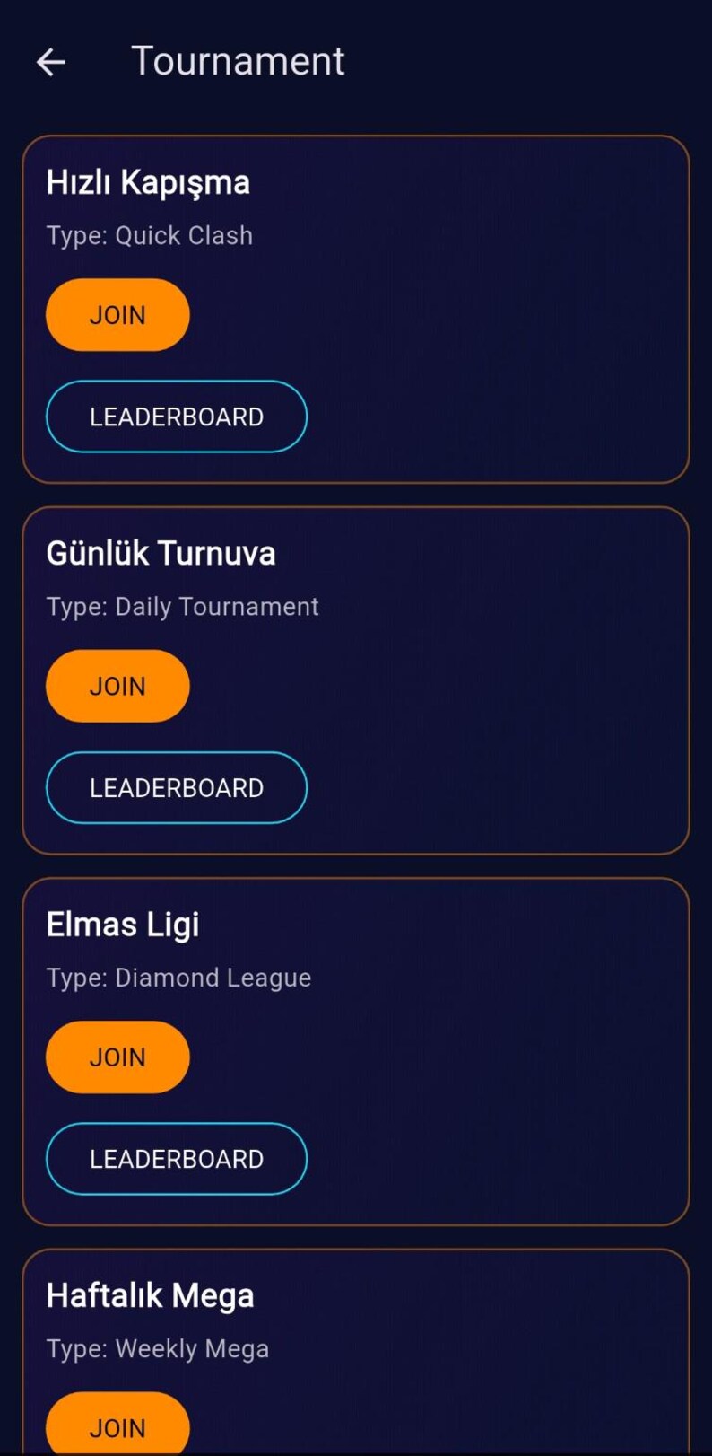 K&ouml;nnte beinhalten: Eine mobile App-Oberfl&auml;che mit dunkelblauem Hintergrund zeigt einen Abschnitt "Turnier". Es bietet Optionen wie "Quick Clash", "Daily Tournament", "Diamond League" und "Weekly Mega", jeweils mit "Join"- und "Leaderboard"-Schaltfl&auml;chen.