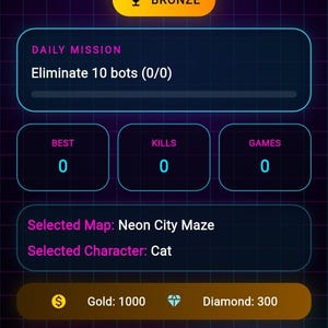 K&ouml;nnte beinhalten: Eine mobile Spieloberfl&auml;che f&uuml;r "Snake War" von Arkis Studio mit Neon-Thema. Die Oberfl&auml;che zeigt Spielstatistiken, Missionsdetails und Optionen zum Spielen, Ausw&auml;hlen einer Schlange und Ausw&auml;hlen einer Karte. Der ausgew&auml;hlte Charakter ist eine Katze.