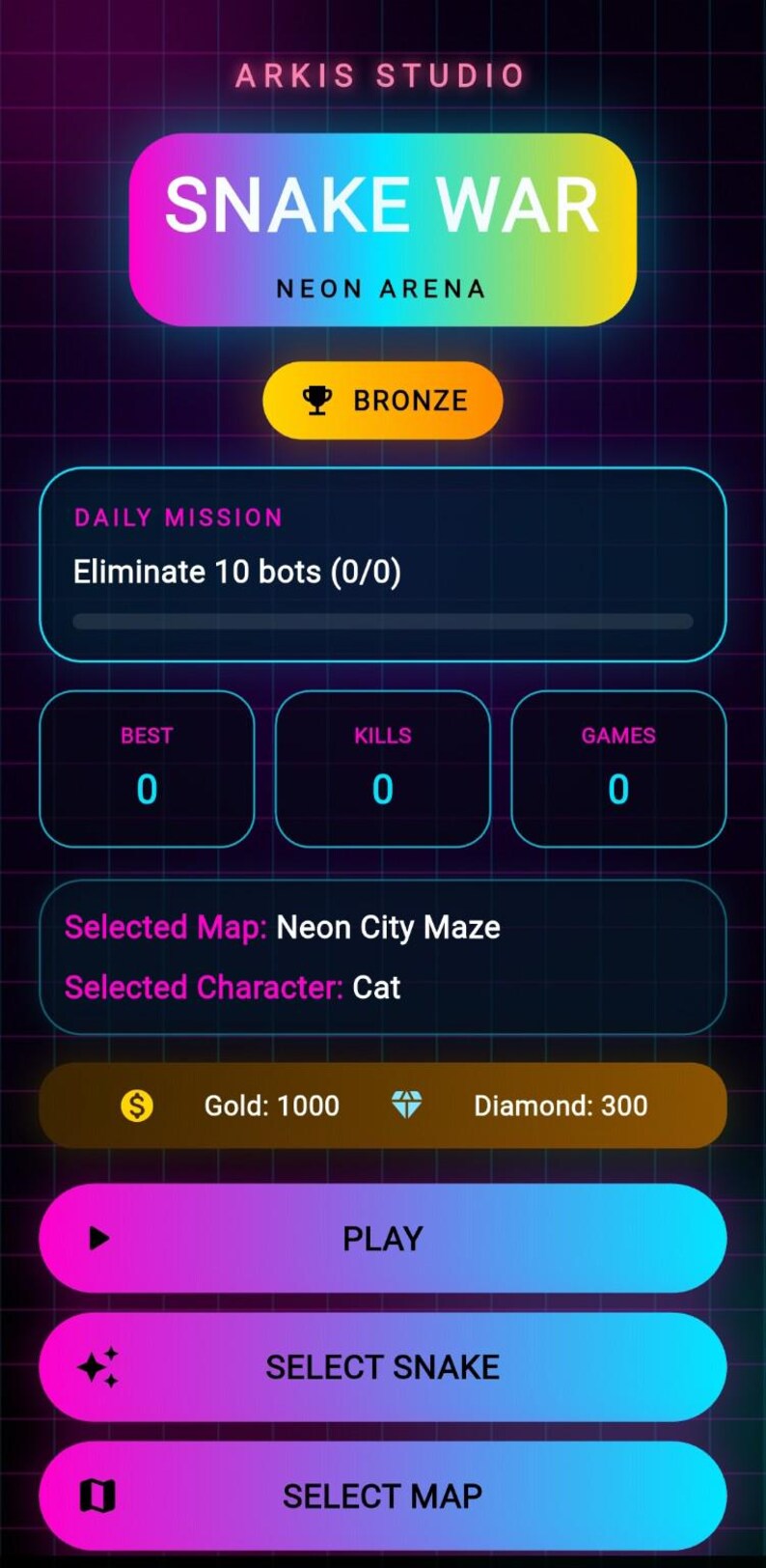 K&ouml;nnte beinhalten: Eine mobile Spieloberfl&auml;che f&uuml;r "Snake War" von Arkis Studio mit Neon-Thema. Die Oberfl&auml;che zeigt Spielstatistiken, Missionsdetails und Optionen zum Spielen, Ausw&auml;hlen einer Schlange und Ausw&auml;hlen einer Karte. Der ausgew&auml;hlte Charakter ist eine Katze.