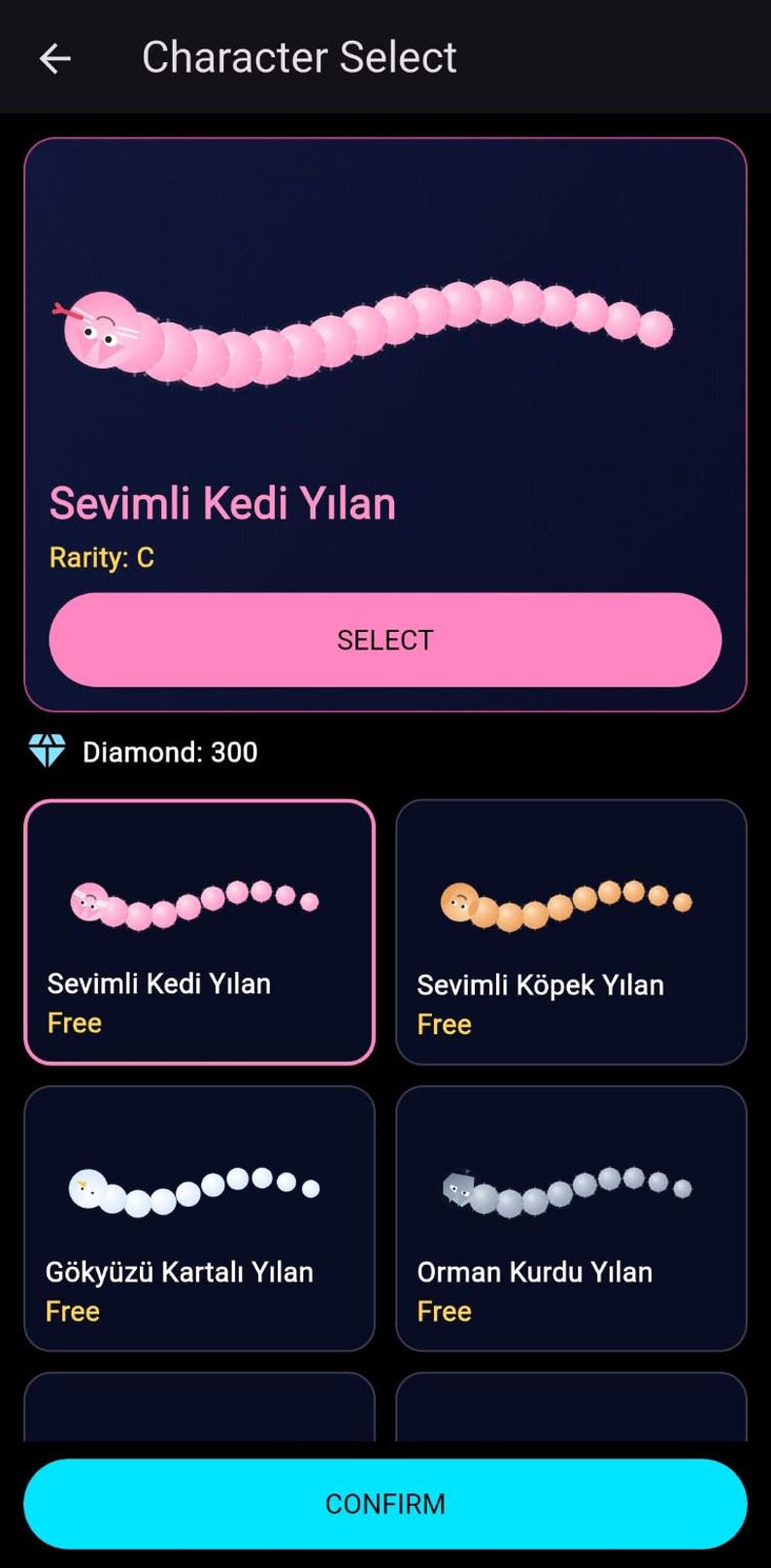 K&ouml;nnte beinhalten: Mobile Game-Oberfl&auml;che mit einem Charakterauswahlbildschirm. Der vorgestellte Charakter ist eine rosa, segmentierte Schlange mit katzenartigem Gesicht. Der Bildschirm enth&auml;lt den Text "Character Select" und "Sevimli Kedi Yılan".