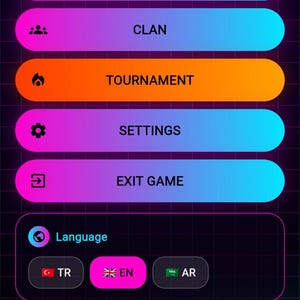 K&ouml;nnte beinhalten: Eine mobile Spieloberfl&auml;che mit dunklem Hintergrund und Rastermuster. Die Oberfl&auml;che zeigt Men&uuml;optionen wie "ACCESSORY", "MARKET", "PROFILE", "CLAN", "TOURNAMENT", "SETTINGS" und "EXIT GAME". Sprach- und Toneinstellungen sind ebenfalls sichtbar.
