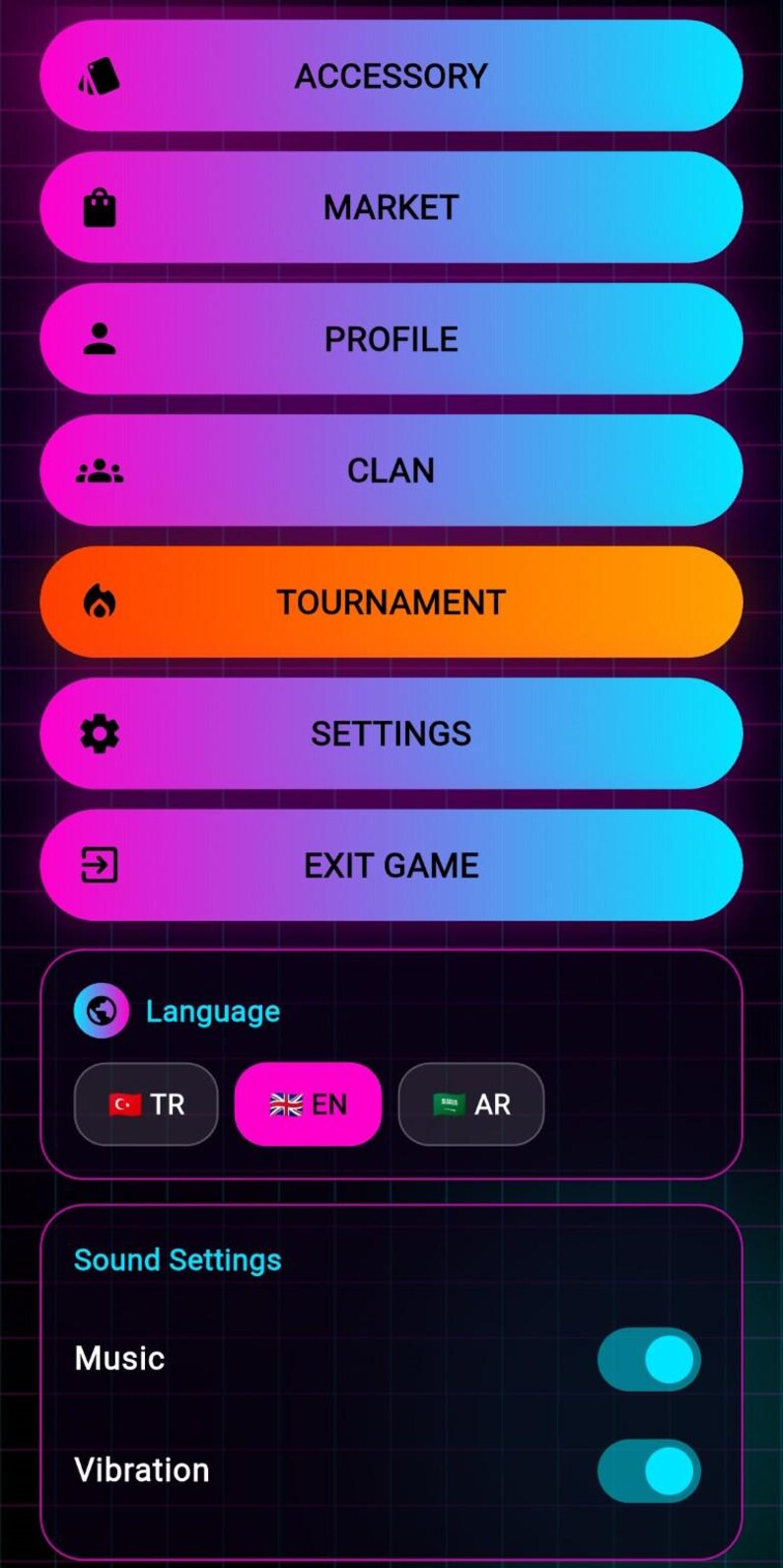 K&ouml;nnte beinhalten: Eine mobile Spieloberfl&auml;che mit dunklem Hintergrund und Rastermuster. Die Oberfl&auml;che zeigt Men&uuml;optionen wie "ACCESSORY", "MARKET", "PROFILE", "CLAN", "TOURNAMENT", "SETTINGS" und "EXIT GAME". Sprach- und Toneinstellungen sind ebenfalls sichtbar.