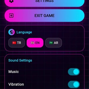 K&ouml;nnte beinhalten: Eine mobile Spieloberfl&auml;che mit dunklem Hintergrund und Neonakzenten. Der Bildschirm zeigt Optionen wie "Clan", "Turnier" und "Einstellungen". Zu den Sprachoptionen geh&ouml;ren T&uuml;rkisch, Englisch und Arabisch. Toneinstellungen und Kontoinformationen sind ebenfalls sichtbar.