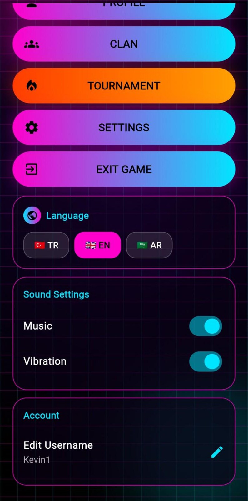 K&ouml;nnte beinhalten: Eine mobile Spieloberfl&auml;che mit dunklem Hintergrund und Neonakzenten. Der Bildschirm zeigt Optionen wie "Clan", "Turnier" und "Einstellungen". Zu den Sprachoptionen geh&ouml;ren T&uuml;rkisch, Englisch und Arabisch. Toneinstellungen und Kontoinformationen sind ebenfalls sichtbar.