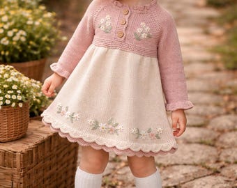 Strickmuster Baby kleid bestickt mit Blumenmuster, Raglan Kleid für Mädchen (PDF Download)