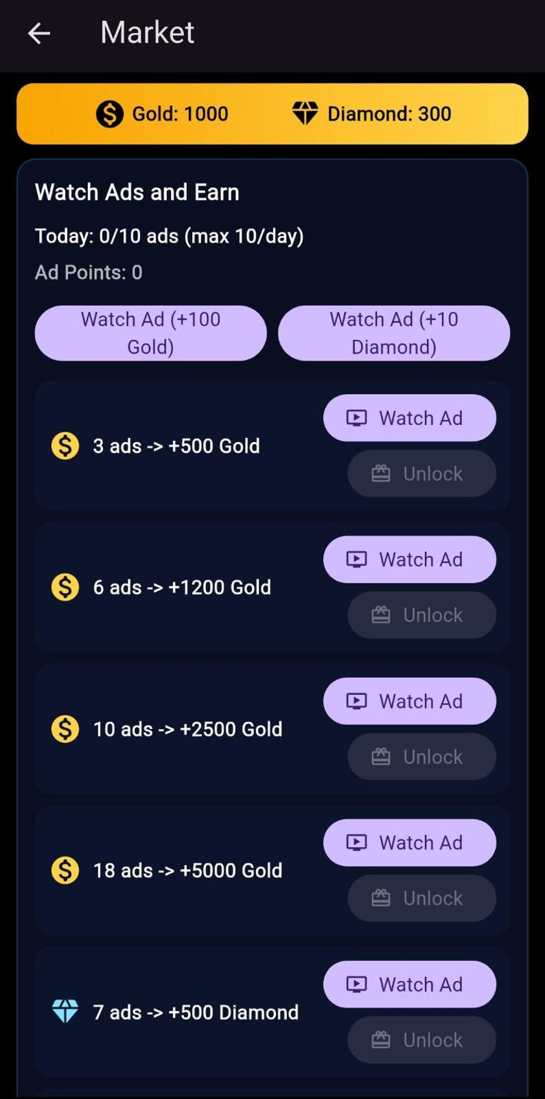K&ouml;nnte beinhalten: Mobile App-Oberfl&auml;che mit dunkelblauem Hintergrund. Oben werden Gold- und Diamanten-Z&auml;hlungen angezeigt. Der Bildschirm zeigt Optionen zum Ansehen von Anzeigen, um Gold und Diamanten zu verdienen, mit Schaltfl&auml;chen "Watch Ad" und "Unlock".