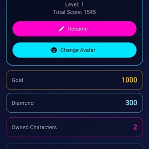 K&ouml;nnte beinhalten: Ein Profilbildschirm einer mobilen App mit dunkelblauem Hintergrund. Das Profil zeigt den Benutzernamen "Kevin1", Level 1 und eine Gesamtpunktzahl von 1545 an. Optionen zum Umbenennen und &Auml;ndern des Avatars sind verf&uuml;gbar, zusammen mit Gold- und Diamantz&auml;hlungen.